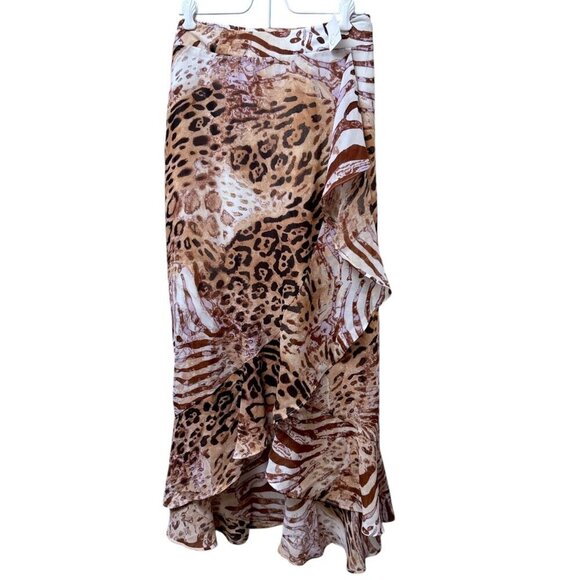 JM Sportswear Long Skirt Size Large Leopard Print Flowy Chiffon Ruffle Midi - Picture 1 of 12